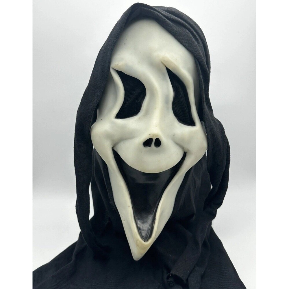 Vtg 90s Scream Ghost Face Gen 1 Smiley Tate Fun World Mask Cotton Shroud Glow